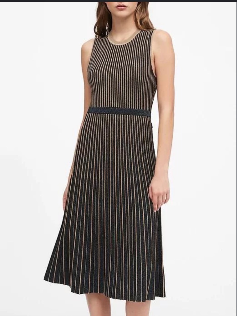 Banana Republic Navy and Gold Striped Sleeveless Maxi Dress Sparkle knit pleated